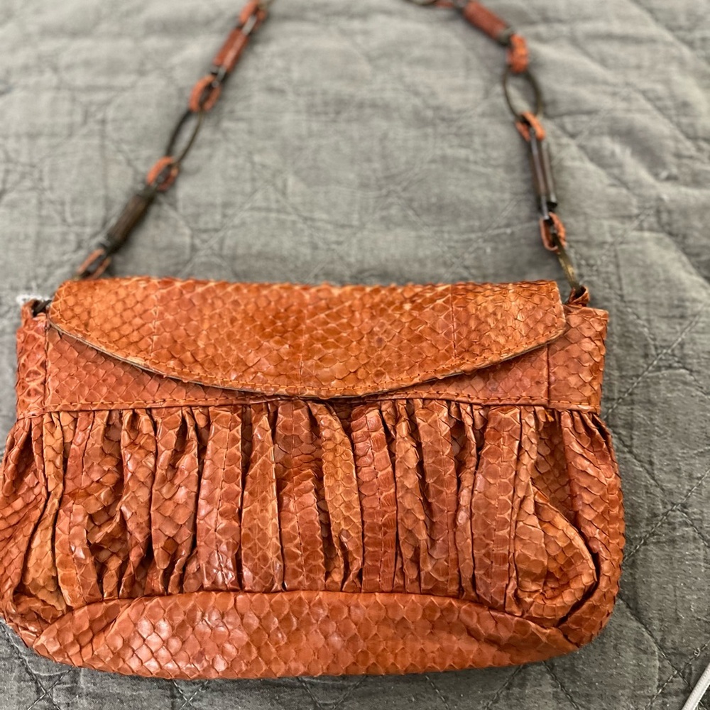 Chic Textured Shoulder Bag in Warm Orange Snake Skin
